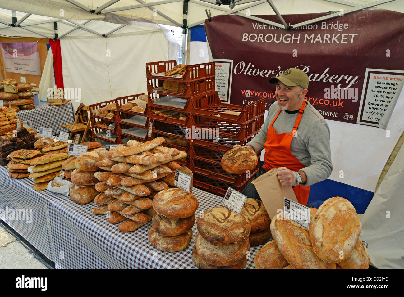 Bread selection on bakery stall at Farmer's Market, Stortford