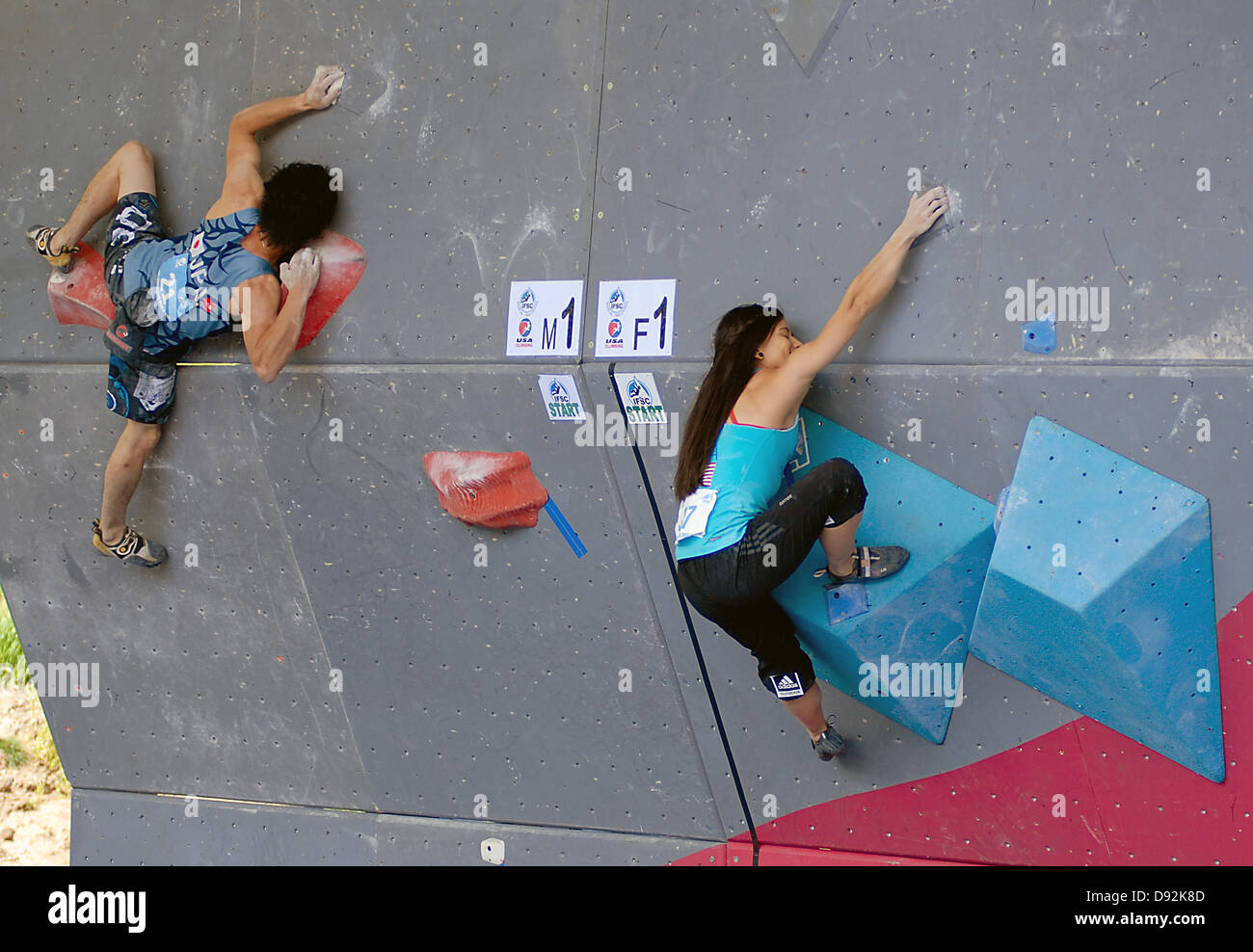 Vail, Colorado, USA. June 8, 2013: Japan's, Shinta Ozawa, and Team USA's, Nina Williams, work on solving a semi-final problem in men's and women's World Cup bouldering during the GoPro Mountain Games, Vail, Colorado. Adventure athletes from around the world converge on Vail, Colorado, June 6-9, for America's largest celebration of adventure sports, music and the mountain lifestyle. Credit:  Cal Sport Media/Alamy Live News Stock Photo