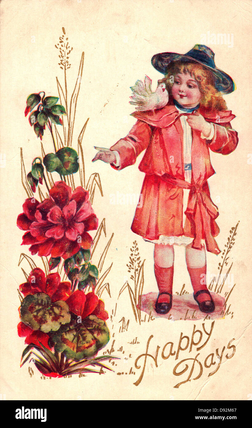 Happy Days - Vintage card with girl with bird on her shoulder Stock Photo