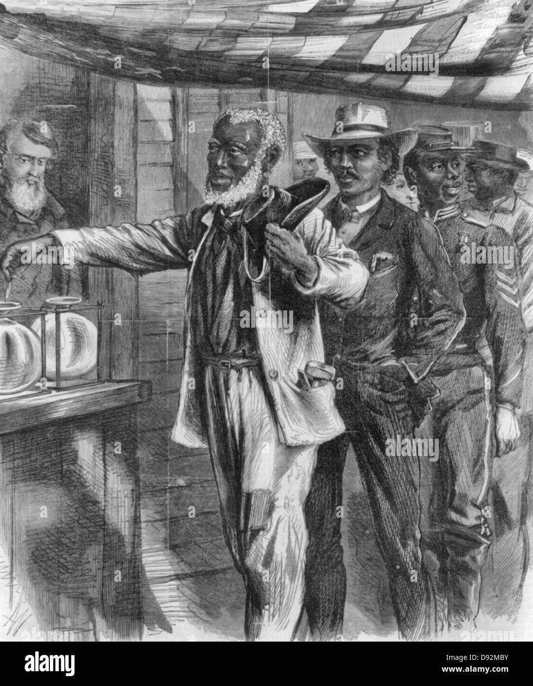The First Vote - A queue of African American men, the first, dressed as a laborer, casting his vote, the second is dressed as a businessman, the third is wearing a Union army uniform, and the fourth appears to be dressed as a farmer, post Civil War America, circa 1867 Stock Photo