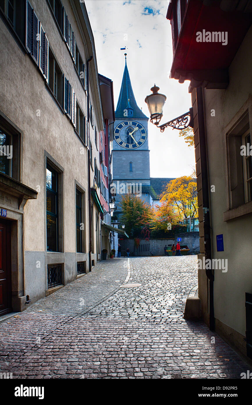 Church Road Street View Street View In Zurich Old Town With The St Peter's Church, Switzerland  Stock Photo - Alamy