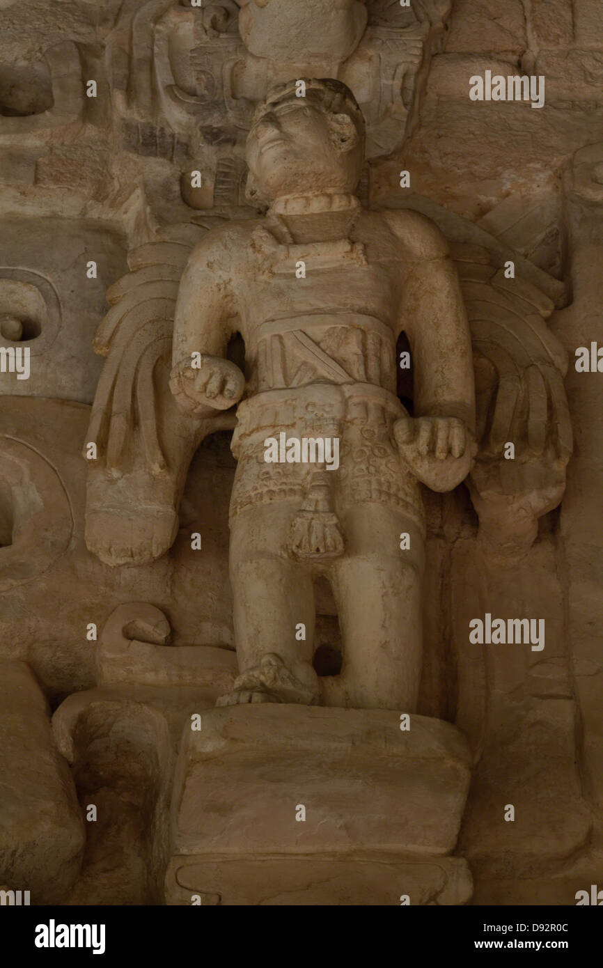 Winged Mayan Warrior Carvings, Acropolis Temple, Ek Balam, Yucatan, Mexico Stock Photo