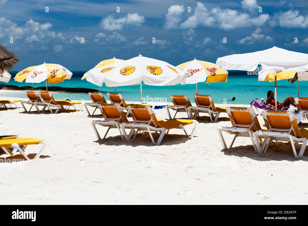 Lounge Chairs and Beach Umbrellas on a Beach, Playa Norte, Isla Mujeres