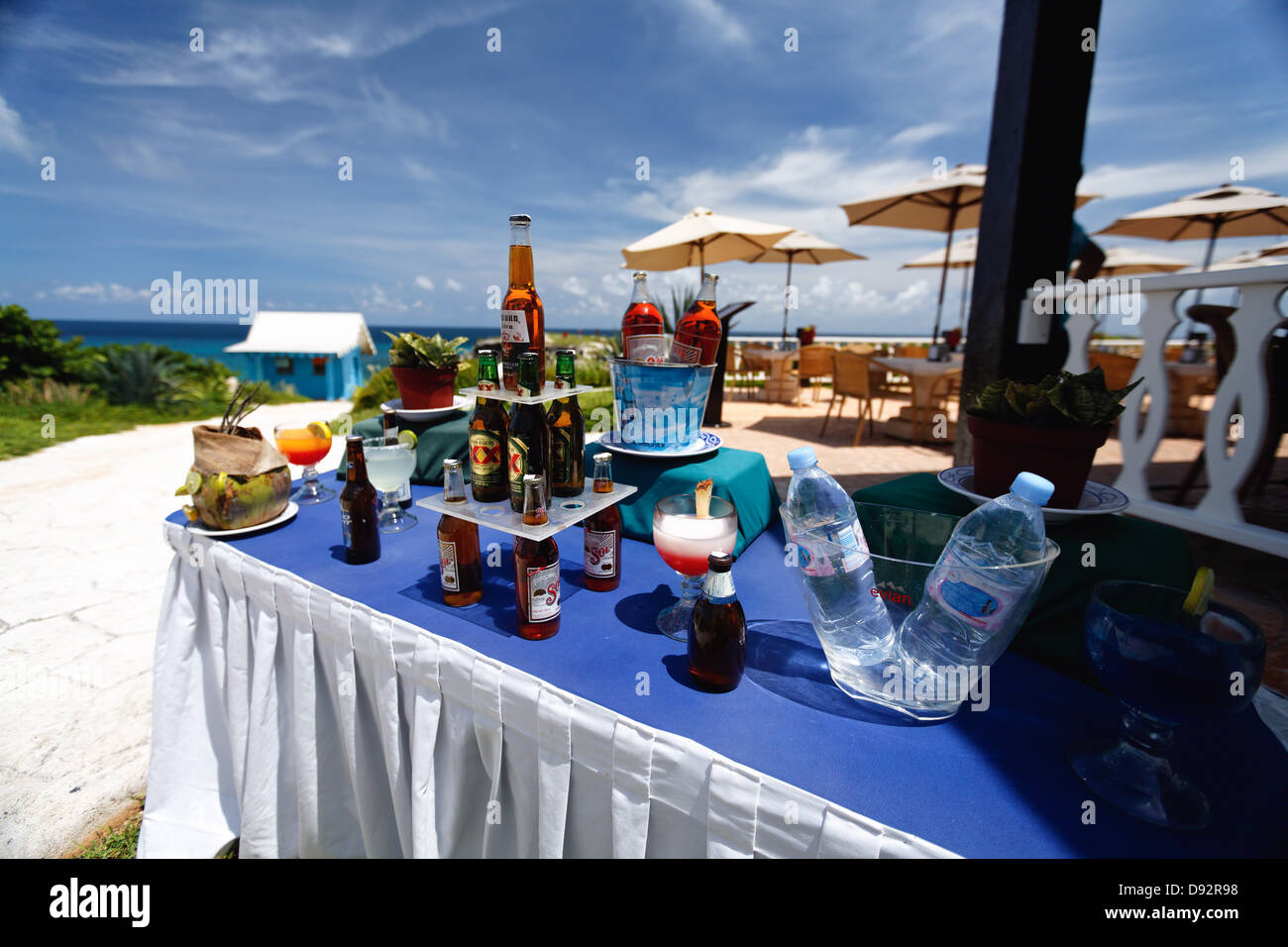 Restaurant Display of Drinks, Punta Sur, Isla Mujeres, Quintana Roo, Mexico Stock Photo