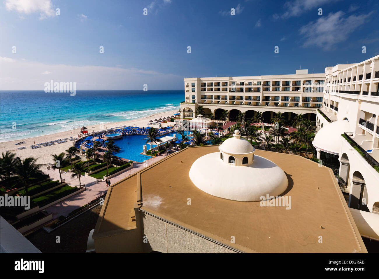High Angle View of a Caribbean Resort with a Pool, Zona Hotelera, Cancun, Mexico Stock Photo