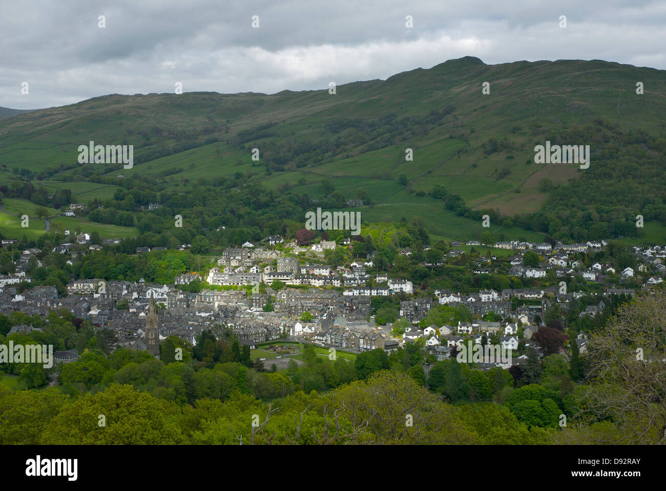 Ambleside town viewed from Loughrigg Fell, overlooked by Wansfell, Lake District National Park, Cumbria, England UK Stock Photo