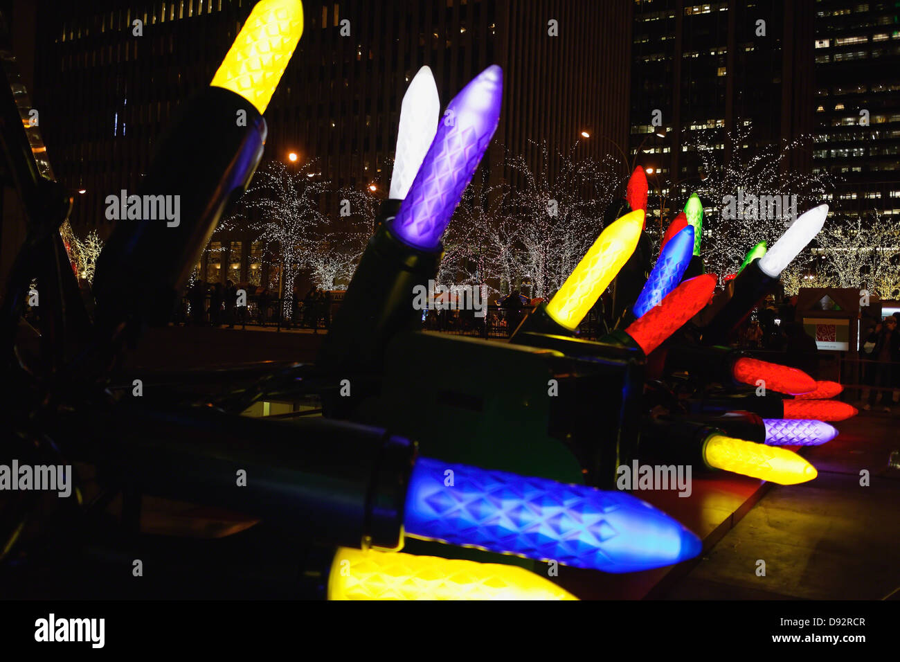 Giant Holiday Lights on the Street at Night, 6th Avenue, Manhattan, New York City Stock Photo