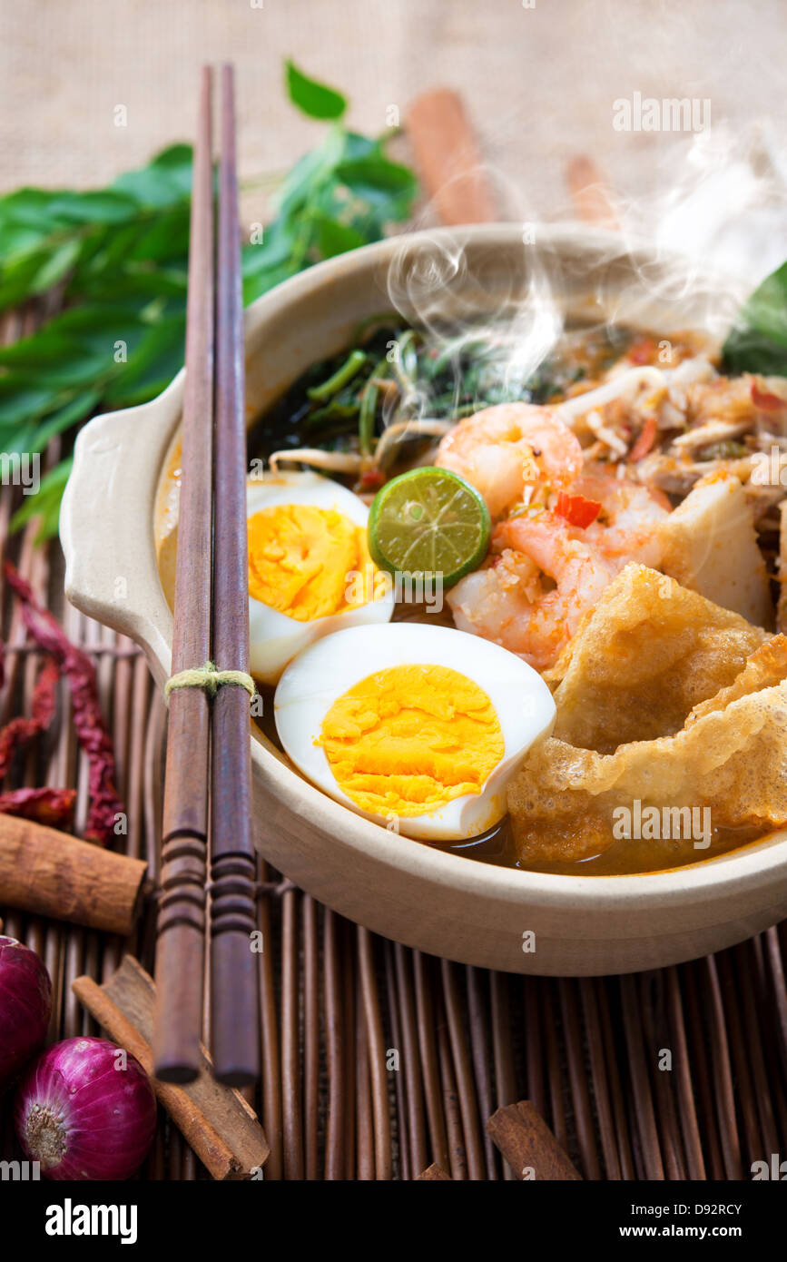 Prawn mee, prawn noodles. Famous Malaysian food spicy fresh cooked har