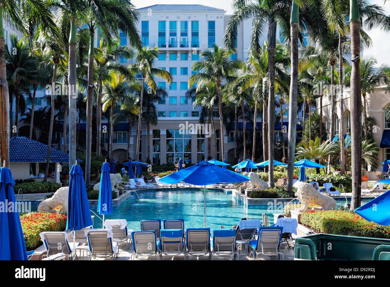 Poolside View of the Ritz-Carlton Hotel, San Juan, Isla Verde, Puerto Rico Stock Photo