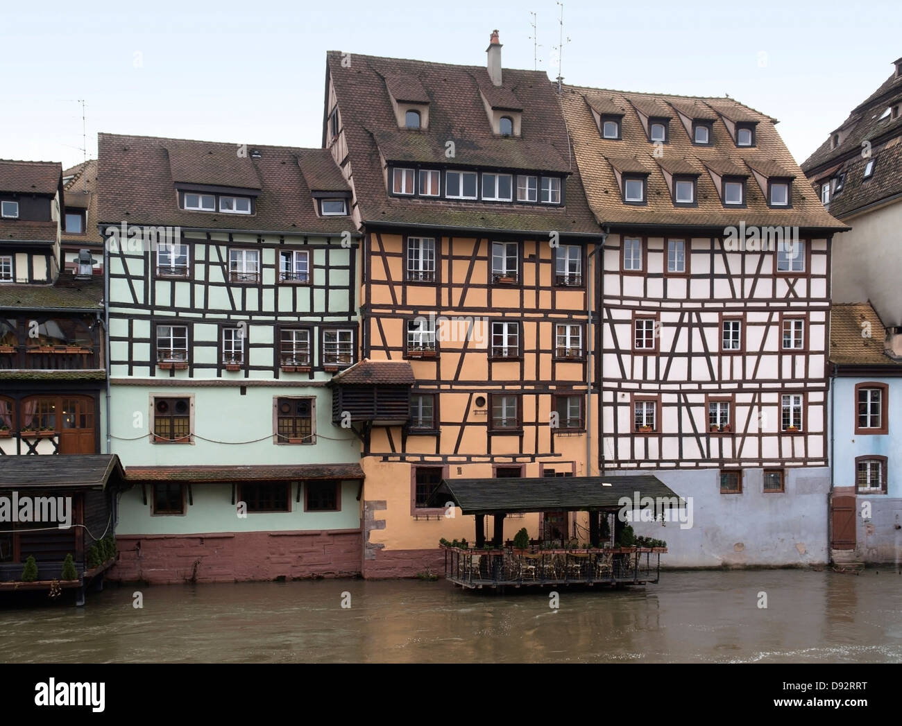 waterside canal scenery in Strasbourg with pictoral timbered houses (Alsace/France) Stock Photo