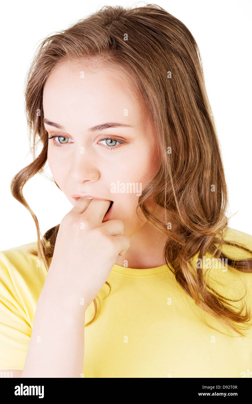 [Image: woman-putting-her-finger-in-her-mouth-to...D92T0R.jpg]