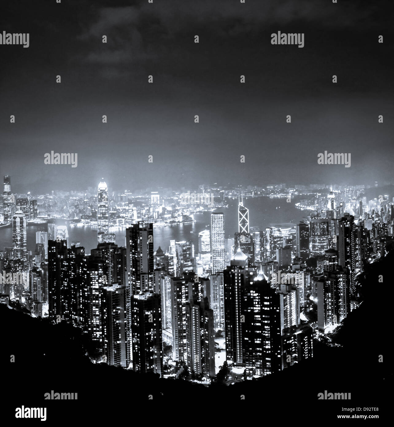 A black & white image of Hong Kong as taken from Victoria peak at night Stock Photo