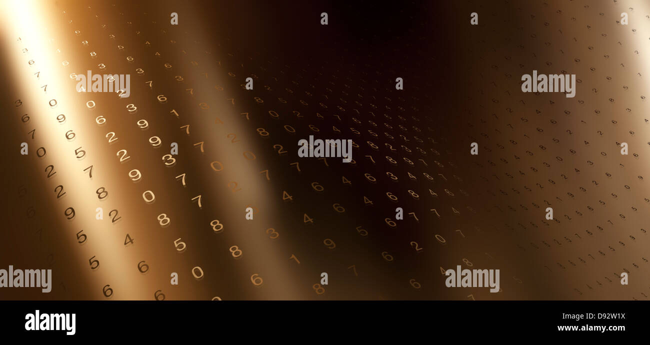 Multiple rows of random numbers on a curving gold surface Stock Photo