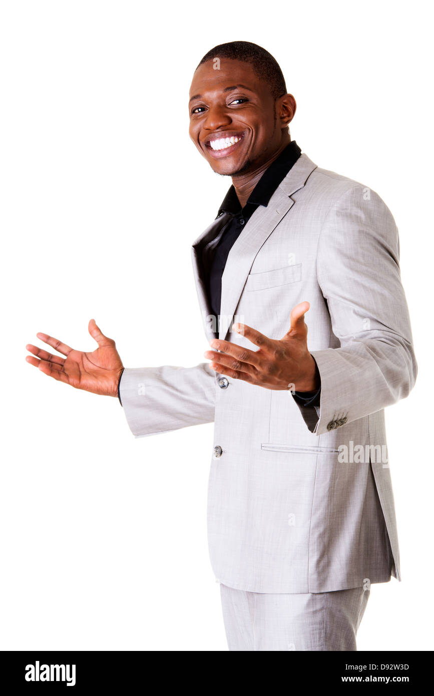 Happy successful businessman with outstretched arms. Stock Photo