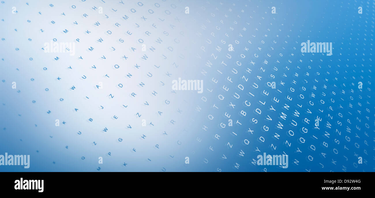 Multiple rows of random letters on a blue surface Stock Photo