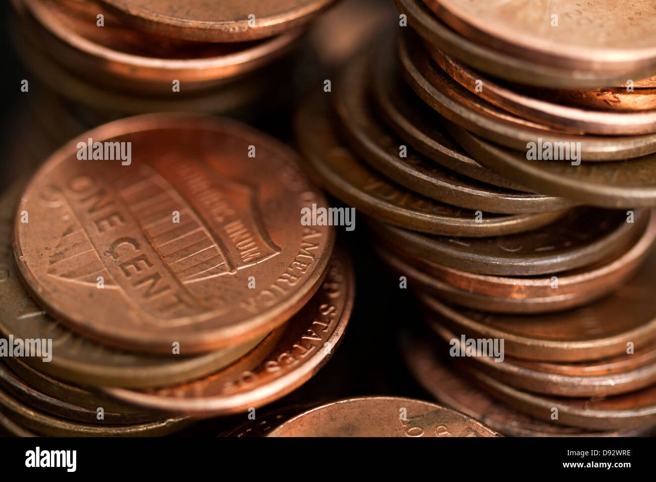 Loose stacks of US pennies, full frame Stock Photo