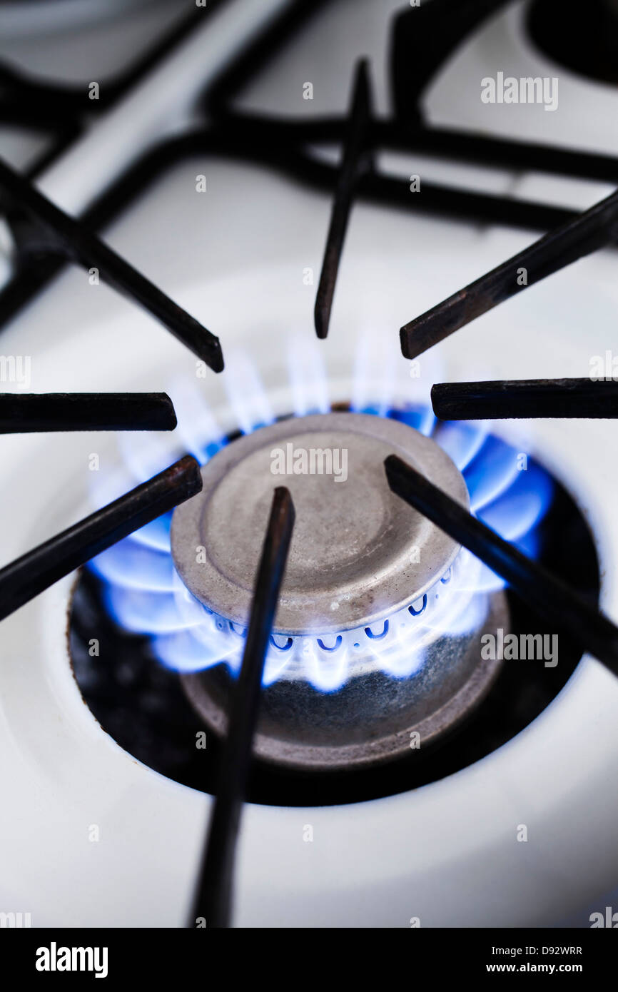 The blue flame of a lit gas stove burner, close-up Stock Photo
