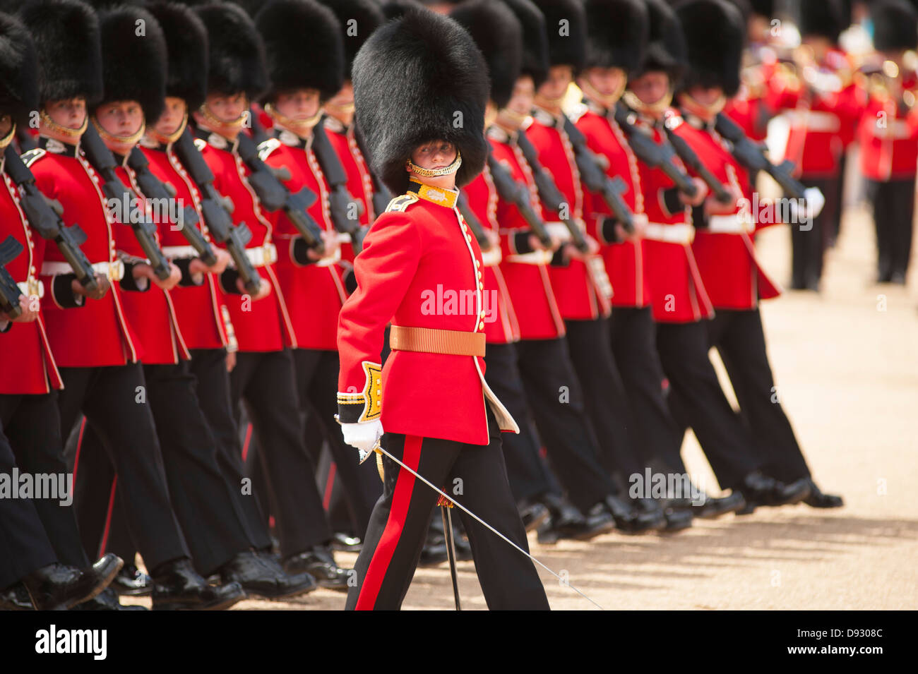 The Colonel’s Review of Trooping the Colour at Horse Guards Parade in London, UK with Guards marching. Stock Photo