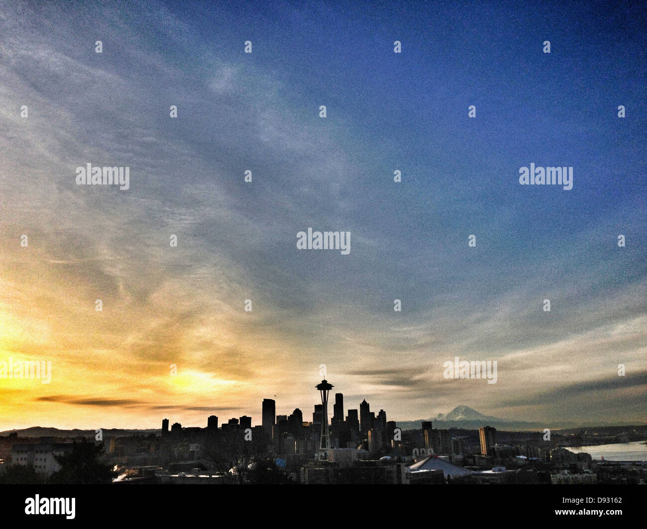 City skyline against cloudy sky, Seattle, Washington, United States - Smartphone Captured Stock Image