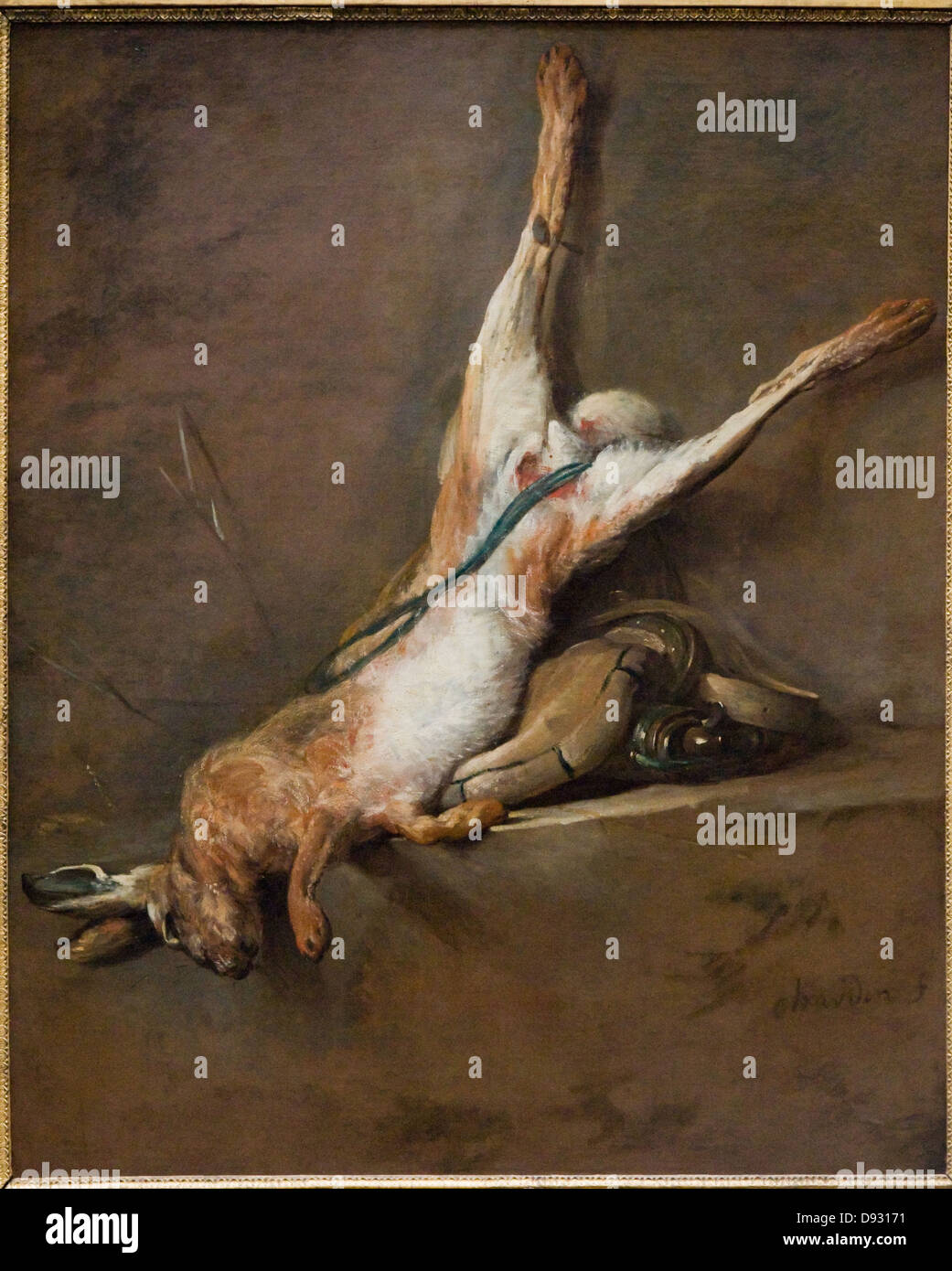 Jean-Siméon Chardin Lièvre mort avec poire à poudre et gibecière - Dead rabbit with powder horn and pouch Aound 1730 Stock Photo