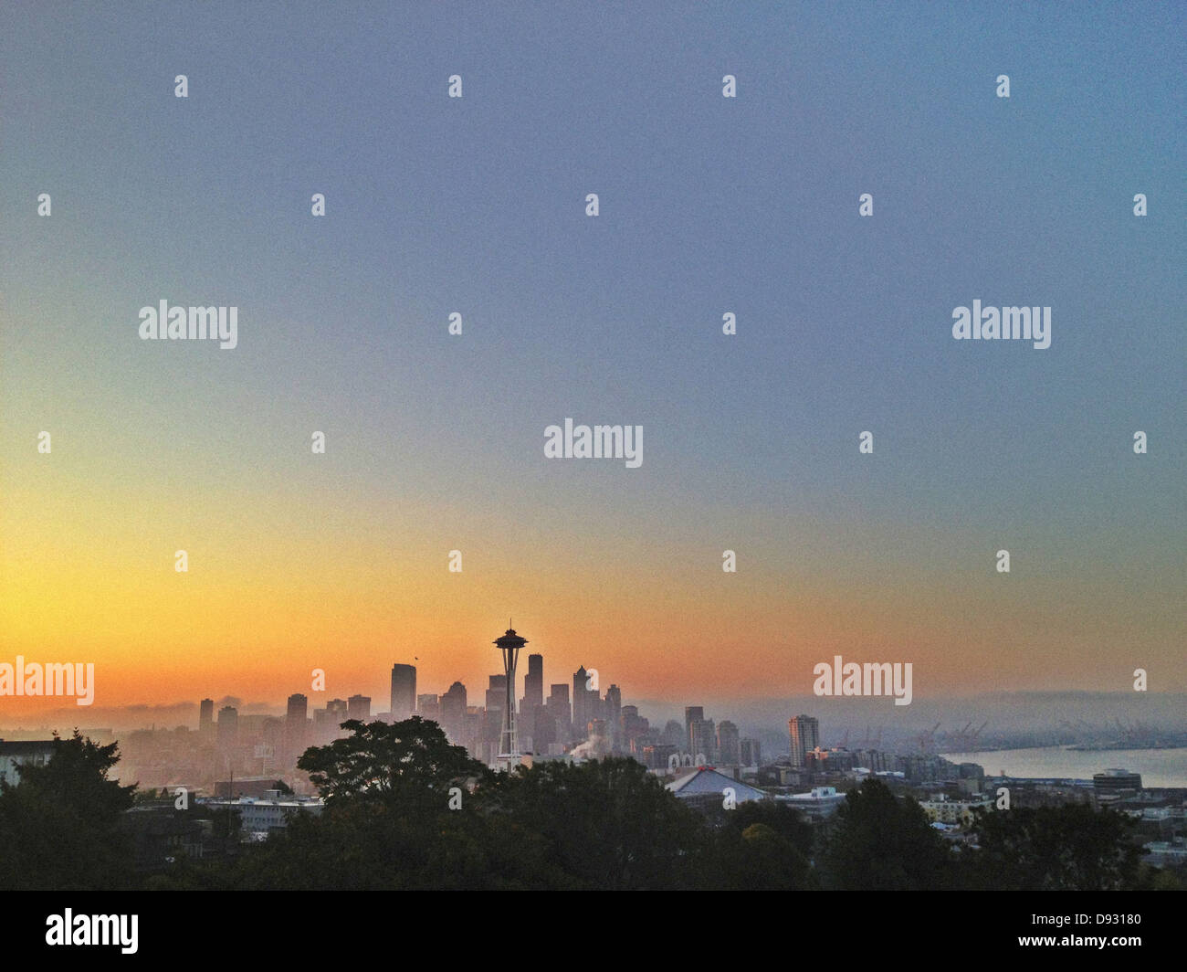 City skyline against colorful sky, Seattle, Washington, United States - Smartphone Captured Stock Image