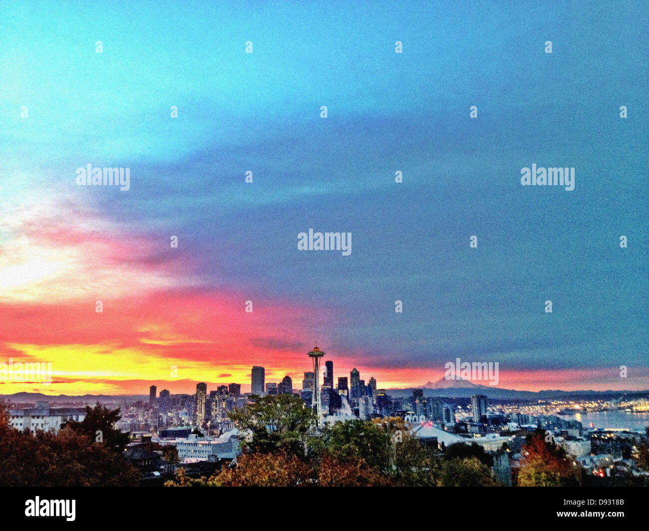 City skyline against colorful sky, Seattle, Washington, United States - Smartphone Captured Stock Image