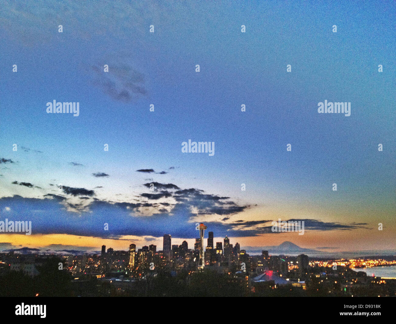 City skyline against colorful sky, Seattle, Washington, United States - Smartphone Captured Stock Image