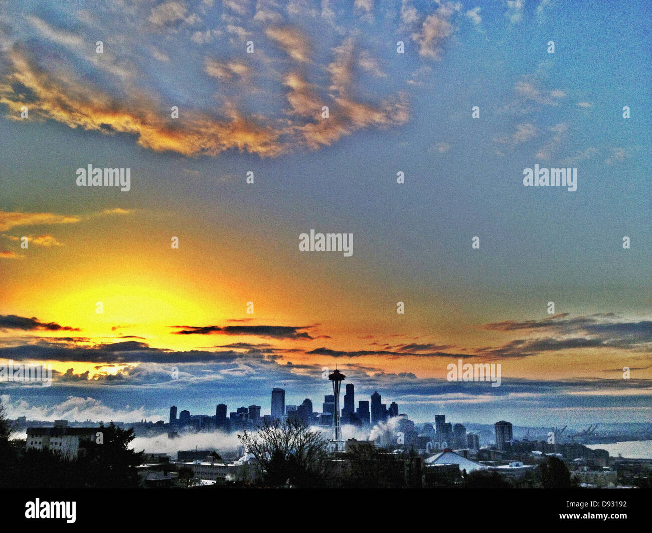 City skyline against colorful sky, Seattle, Washington, United States - Smartphone Captured Stock Image