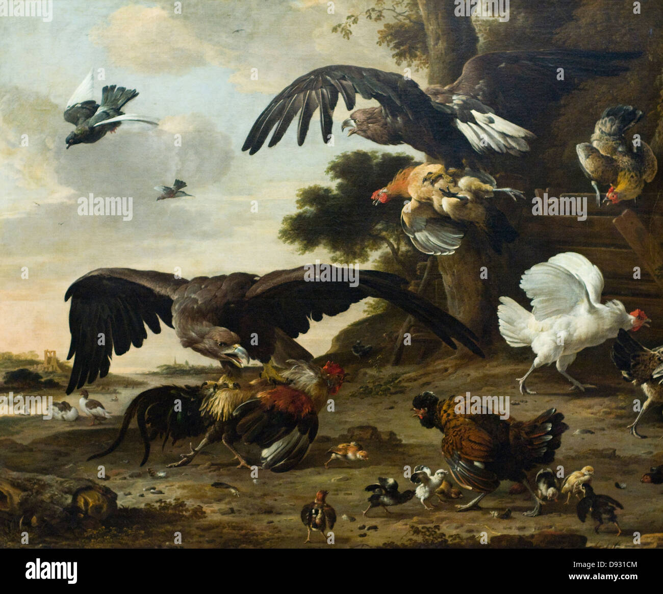 Melchior de Hondecoeter eagles attacking chickens 1673 XVII century Flemish school Paris Louvre Museum Stock Photo