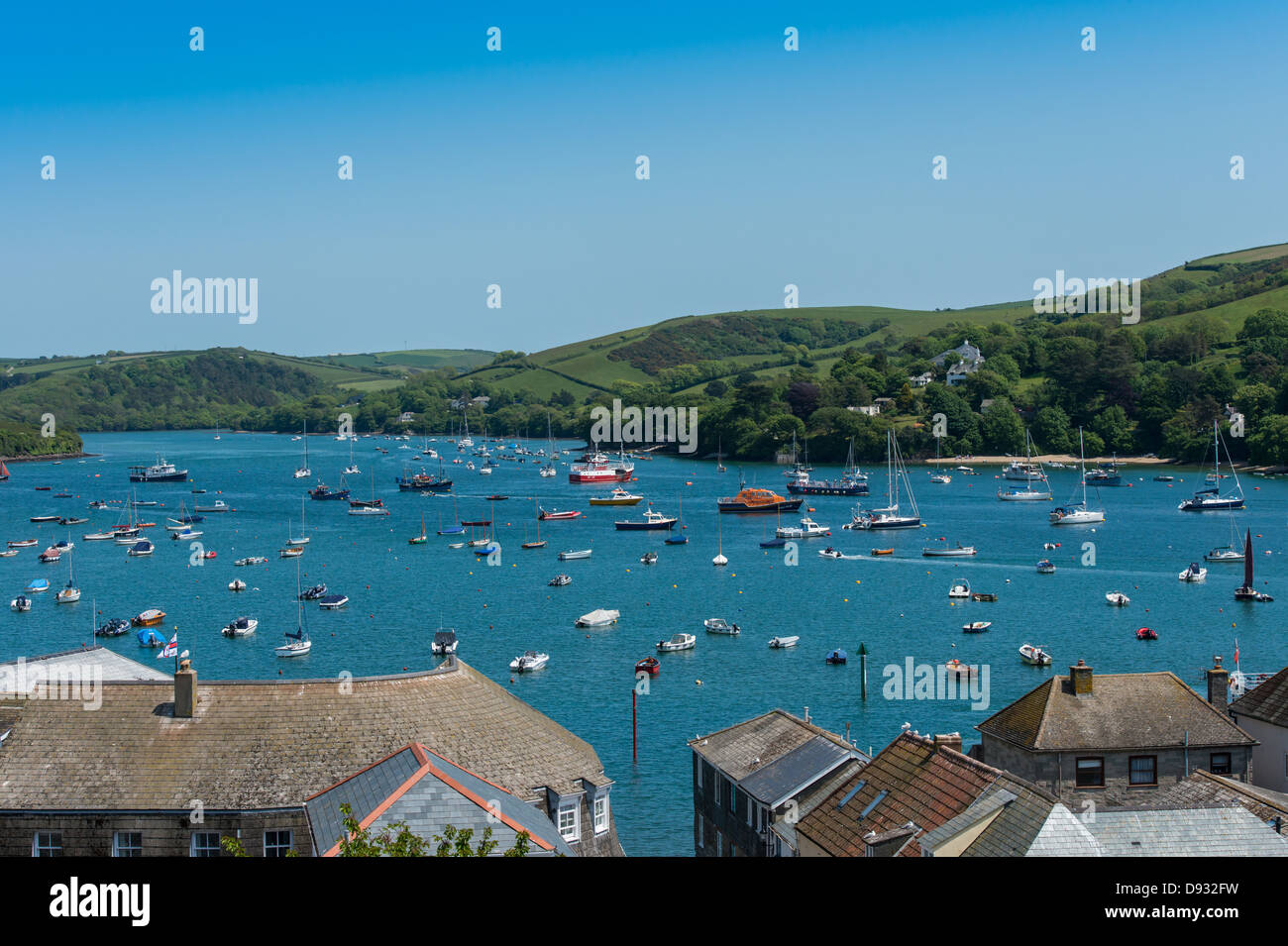 Salcombe, Devon, England. The Salcombe and Kingsbridge Estuary with moored boats and yachts including the ferry. Stock Photo