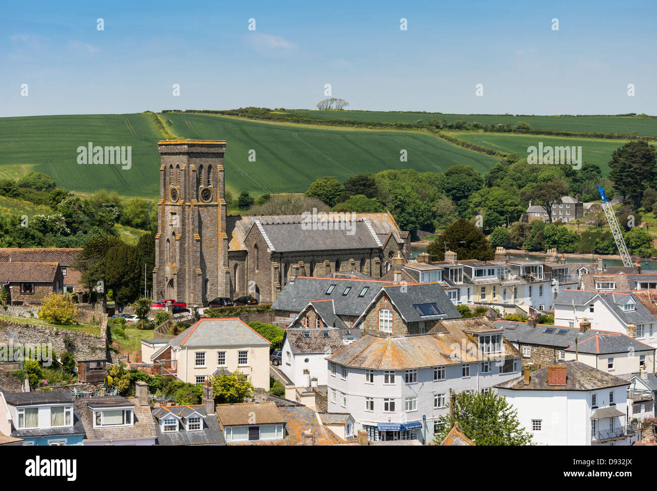 Salcombe, Devon, England. Salcombe town center, centre, and the Holy Trinity church. Stock Photo