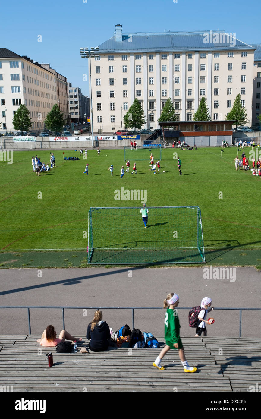 Junior soccer teams playing, Helsinki Finland Stock Photo