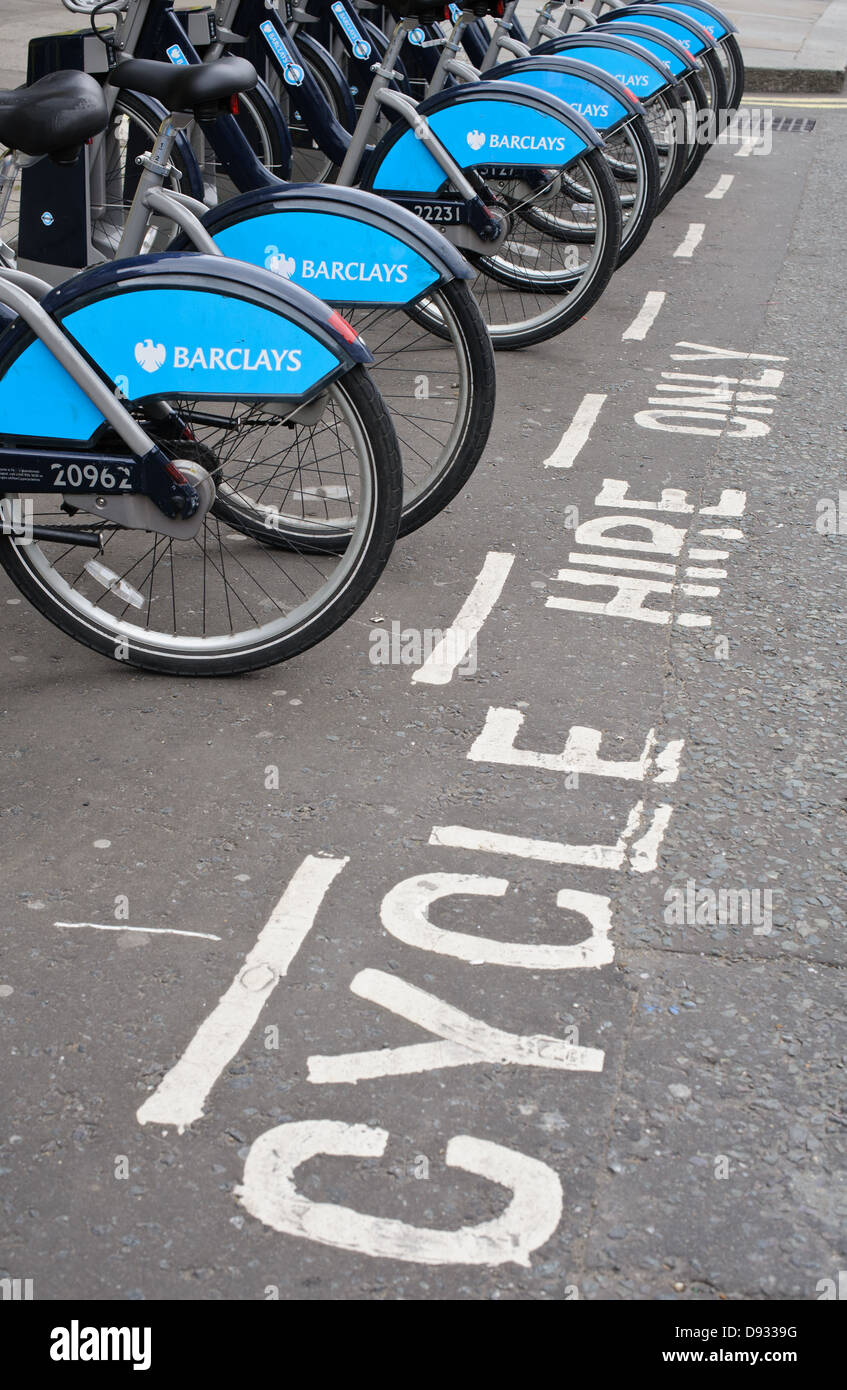 Boris Bikes in Kensington London. Barclays Cycle Hire is a public