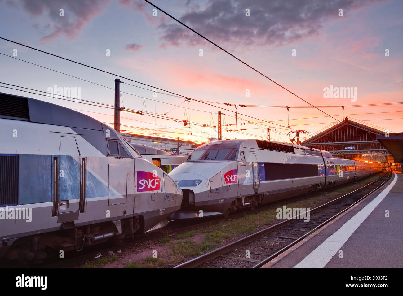 A TGV awaits departure at Tours railway station in France. Stock Photo
