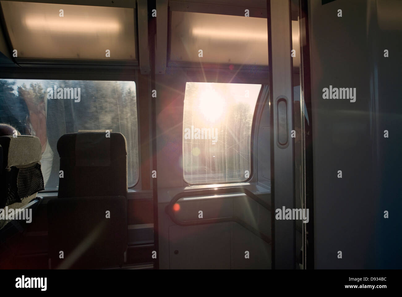 Sunlight through a train window, Sweden. Stock Photo