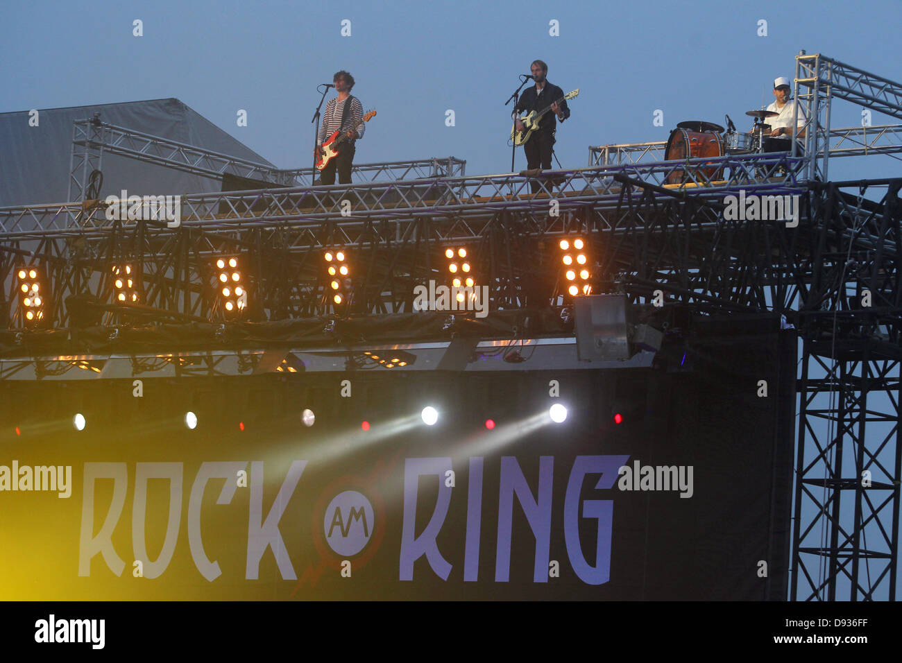 Nuerburg, Germany, 8 June 2013. The German rock band 'Sportfreunde Stiller' performs on the rooftop above the central stage  at the Rock am Ring music festival in Nuerburg, Germany, 9 June 2013. Credit:  dpa picture alliance/Alamy Live News Stock Photo