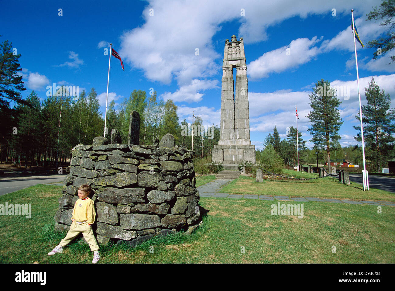 Monument at the border between Sweden and Norway. Stock Photo