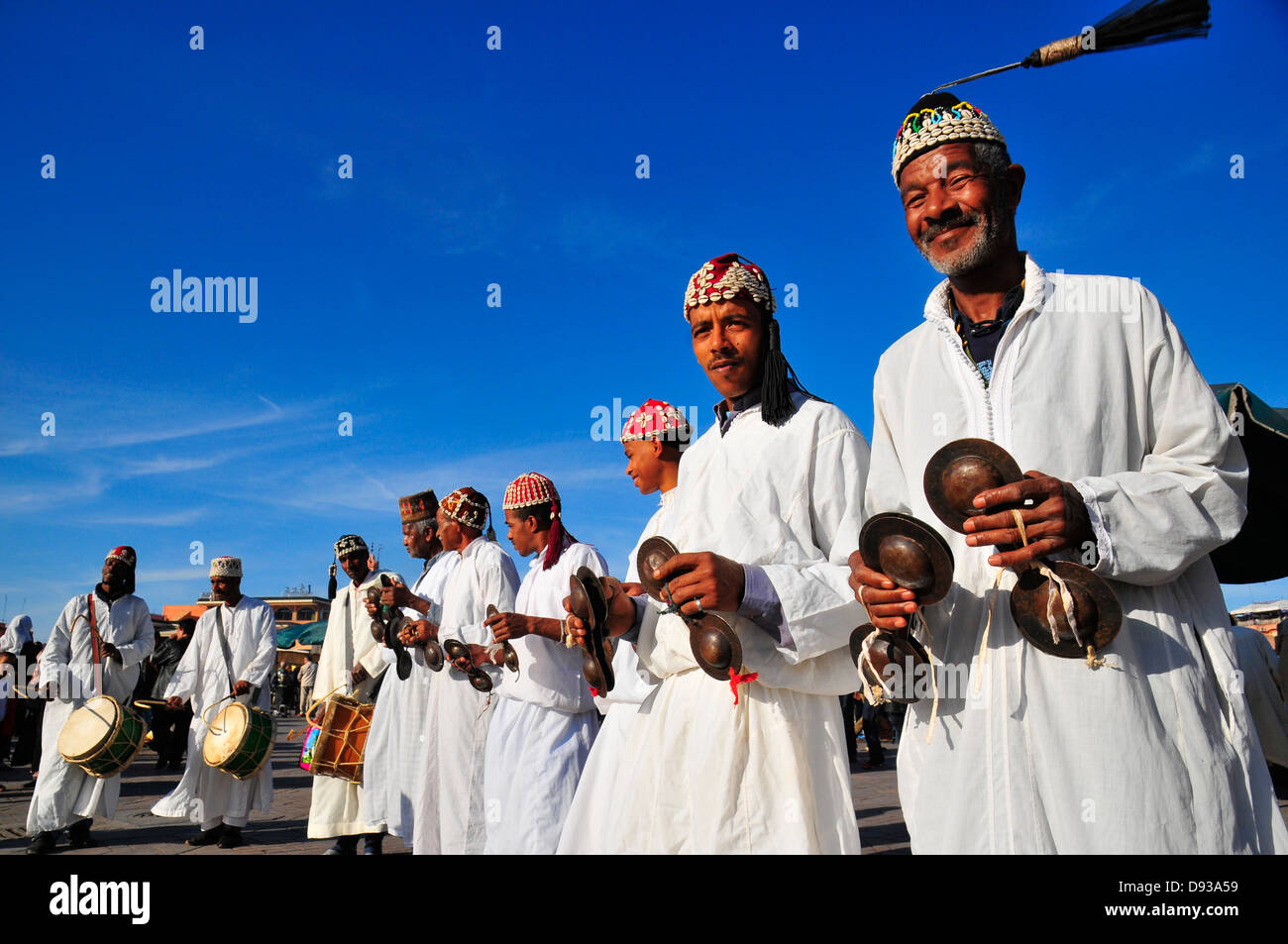 Gnawa dancers on Djemaa El Fna Square, Marrakech, Morocco, North Africa. Stock Photo