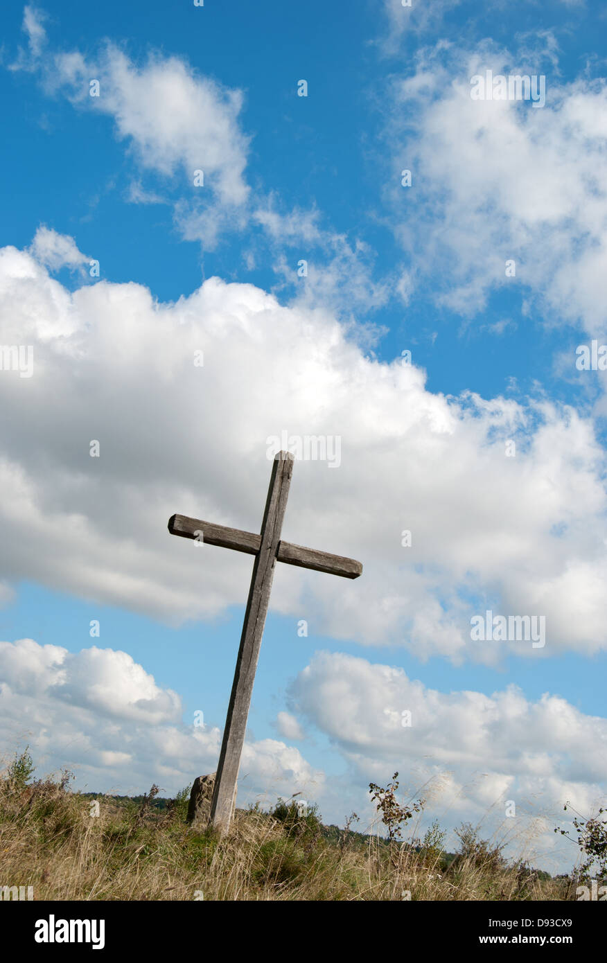 memorable wooden cross on a background sky Stock Photo