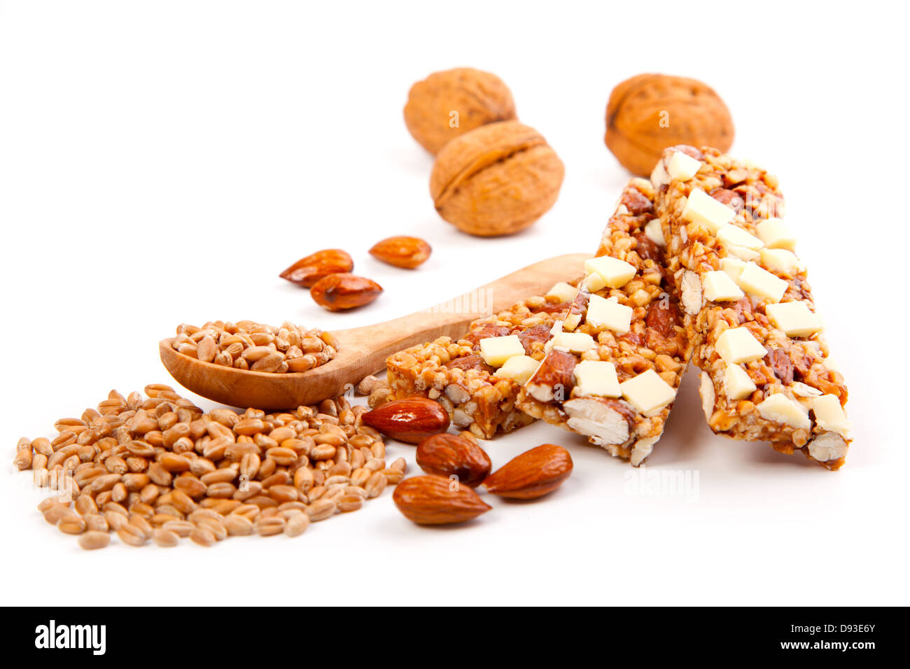Protein bars with nuts, isolated on white background. / muesli bar