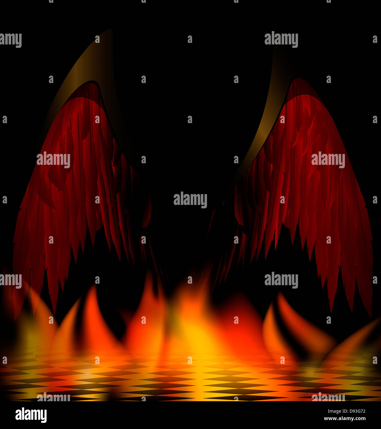 in abstract dark burning room are black wings of an dark angel Stock Photo
