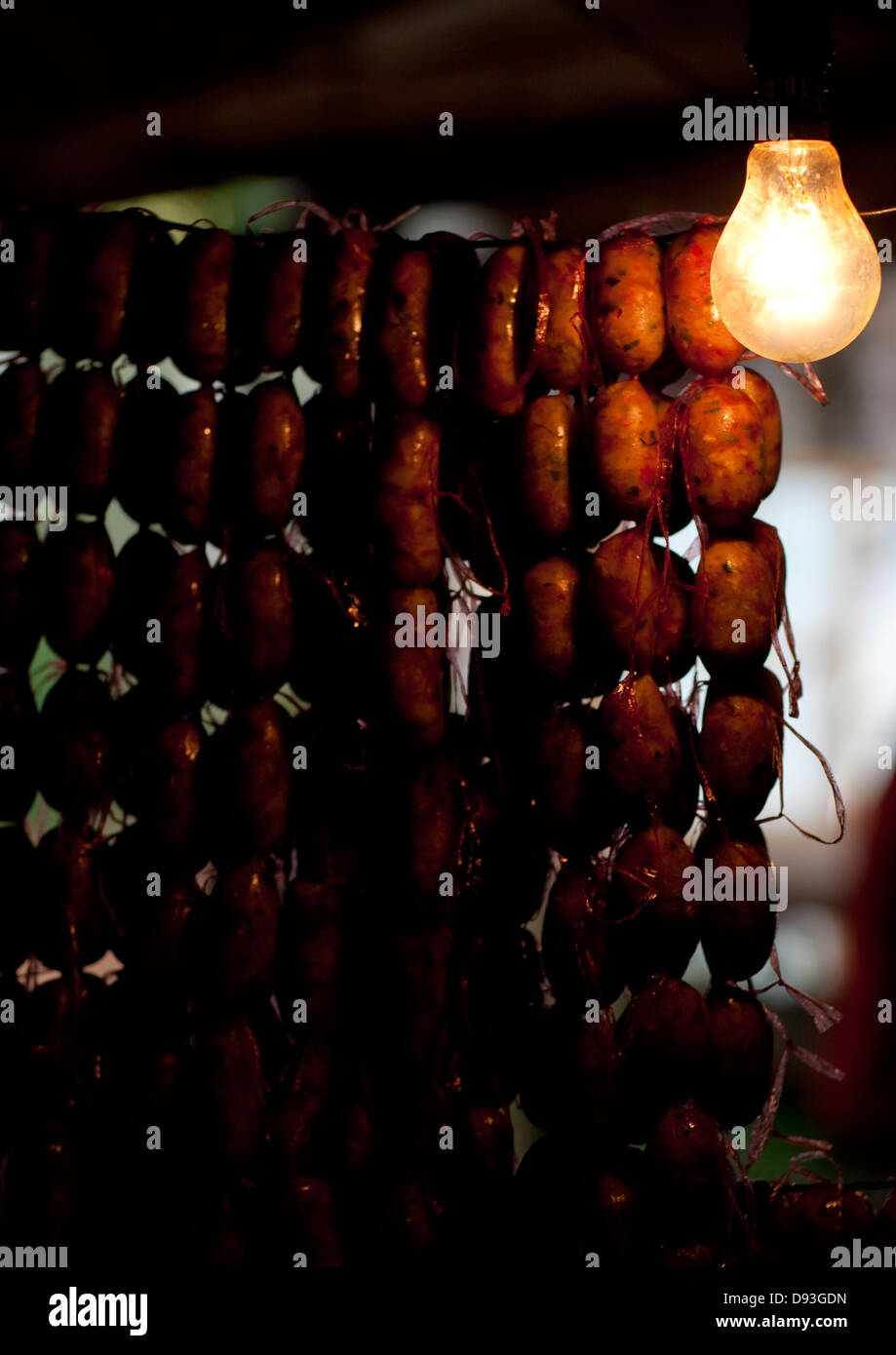 Saussages In Market, Pakse, Laos Stock Photo