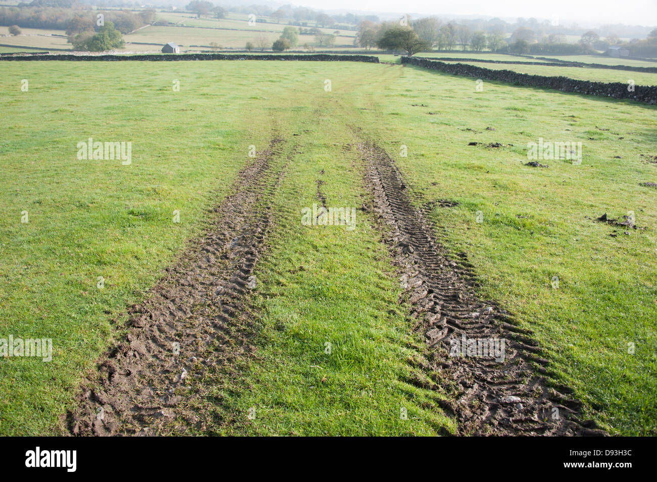Tractor Tyre Marks Grass Field Rural Stock Photo