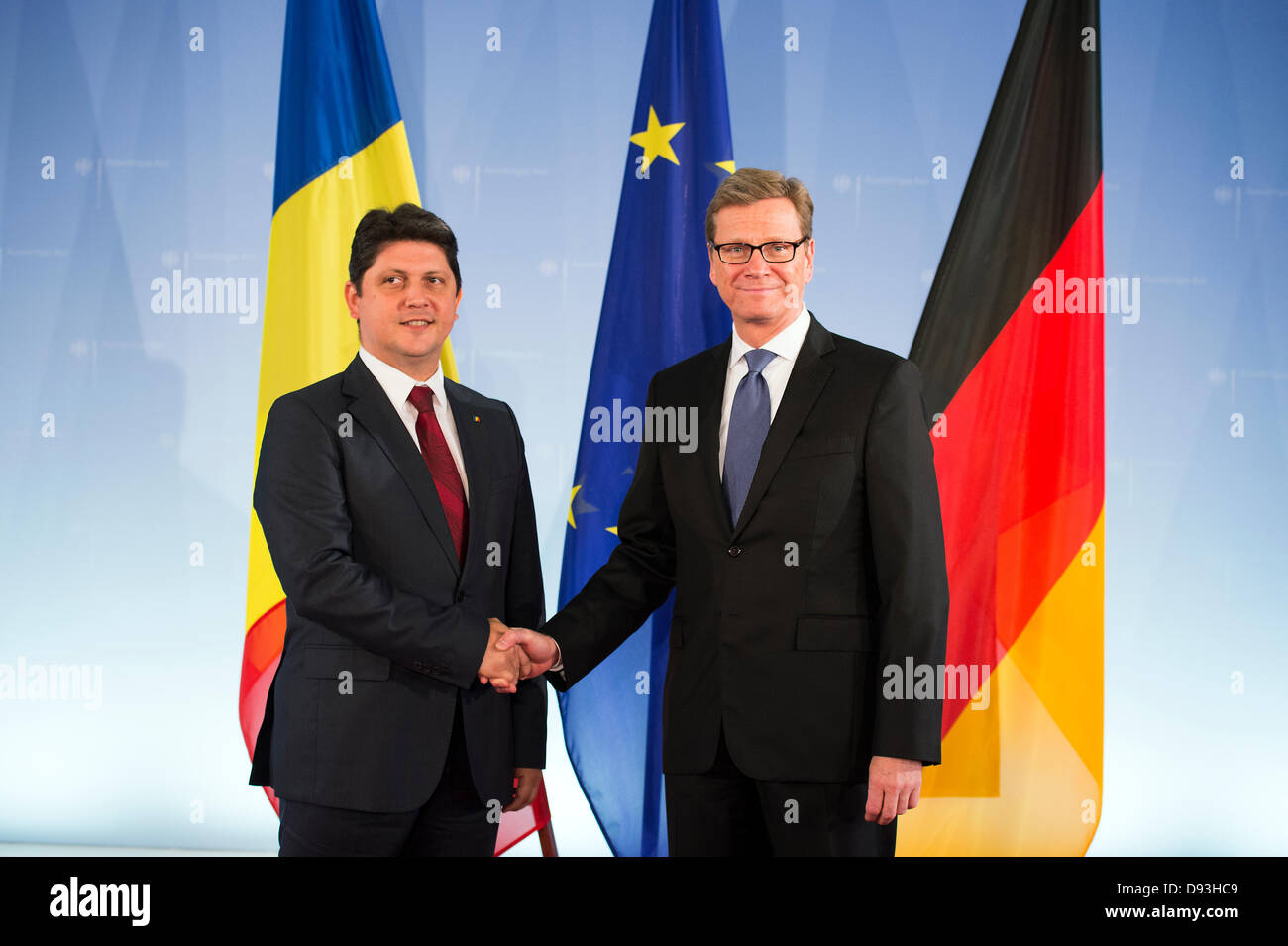 Berlin, Germany. June 10th 2013. Foreign Minister Westerwelle welcomes his Romanian counterpart Titus Corlatean for an interview at the Foreign Office. Mr. Corlatean visit the Foreign Office will be part of the journey of the Romanian Prime Minister Victor Ponta to Berlin. The focus of the conversation, the two foreign ministers bilateral and European issues will be available. Credit: Credit: Gonçalo Silva/Alamy Live News. Stock Photo