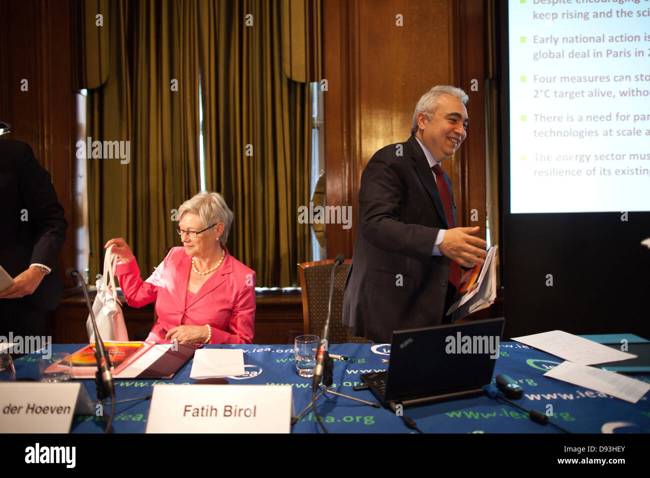 London, UK. 10th June, 2013.  Picture shows Fatih Birol, the Chief Economist and Director of Global Energy Economics with Maria van der Hoeven at the International Energy Agency conference today in London, UK. Stock Photo