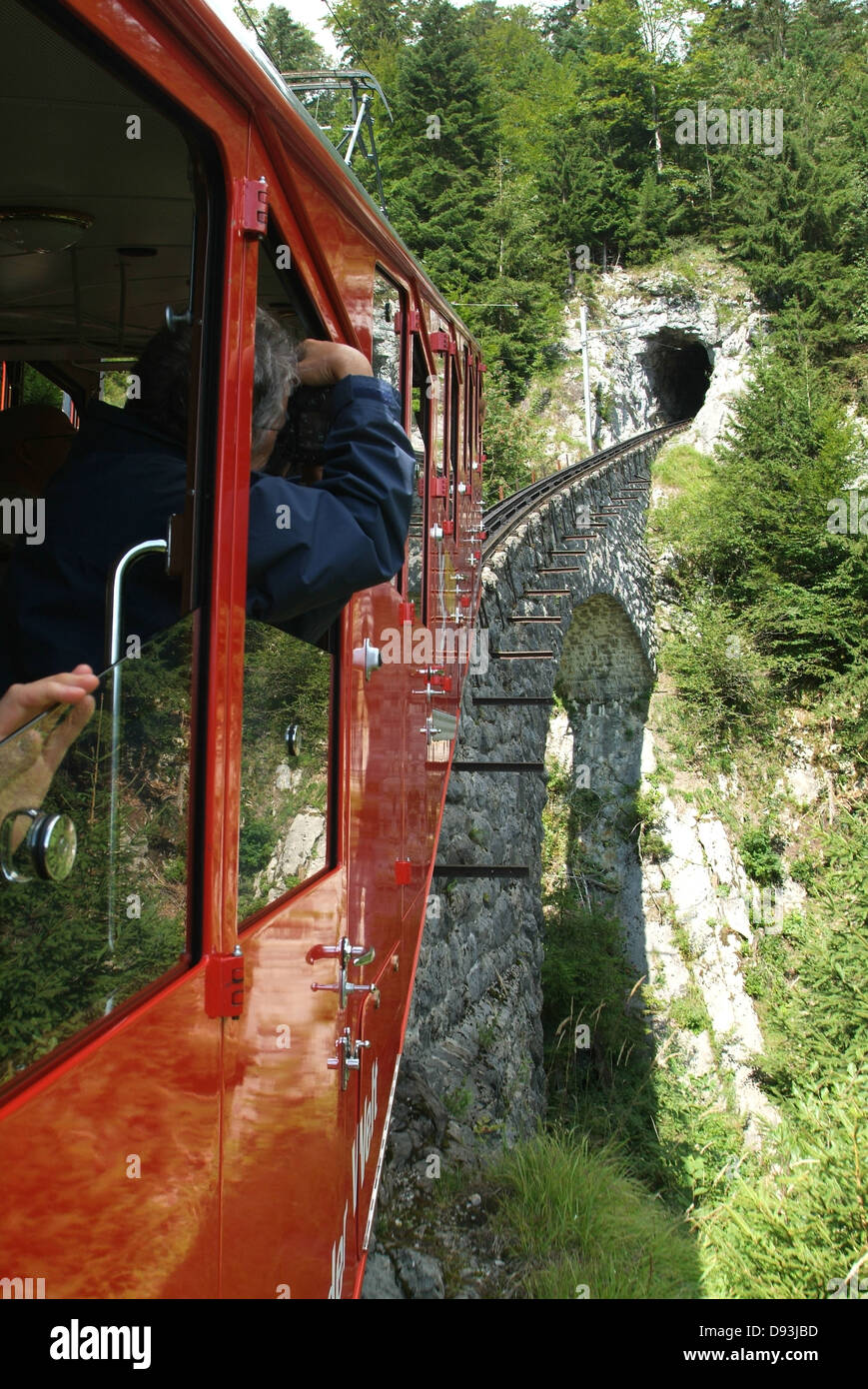 Rack railway of mount Pilatus on the Swiss alps Stock Photo