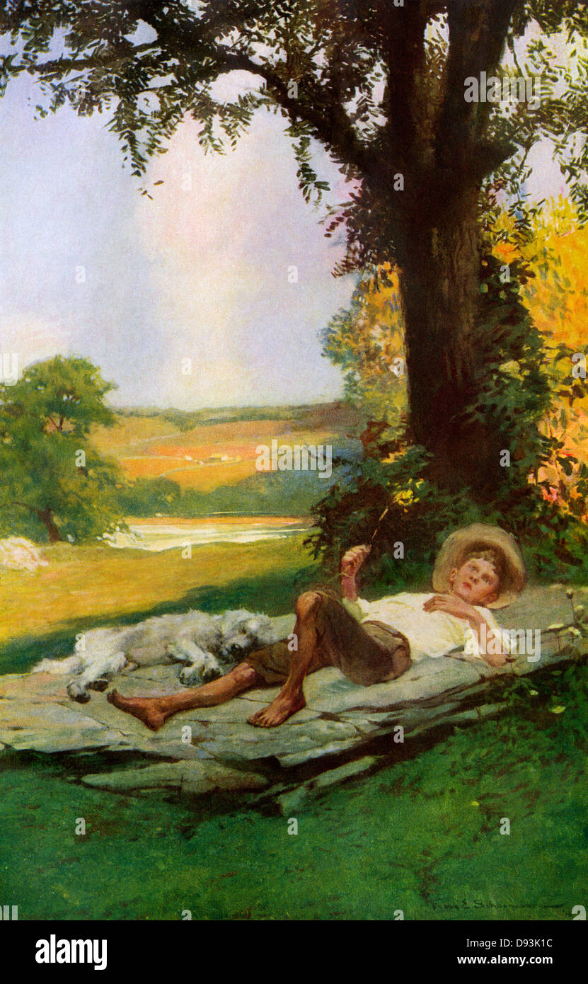 Boy lying under a shade tree with his sleeping dog, early 1900s. Printed color halftone of an illustration by Frank Schoonover Stock Photo