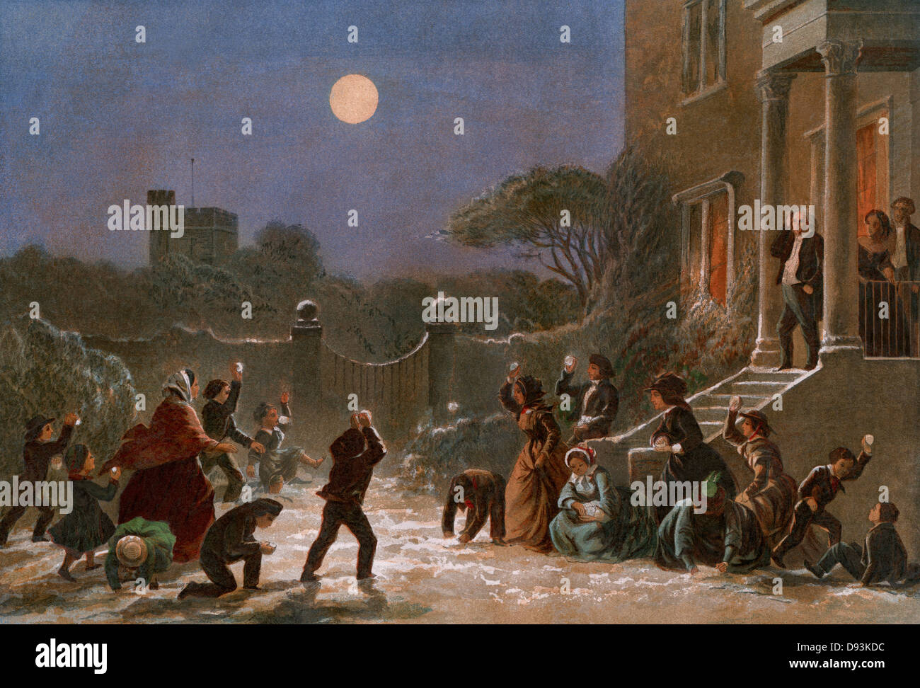 Christmas-Eve snowball fight in an English town, 1860. Color lithograph Stock Photo