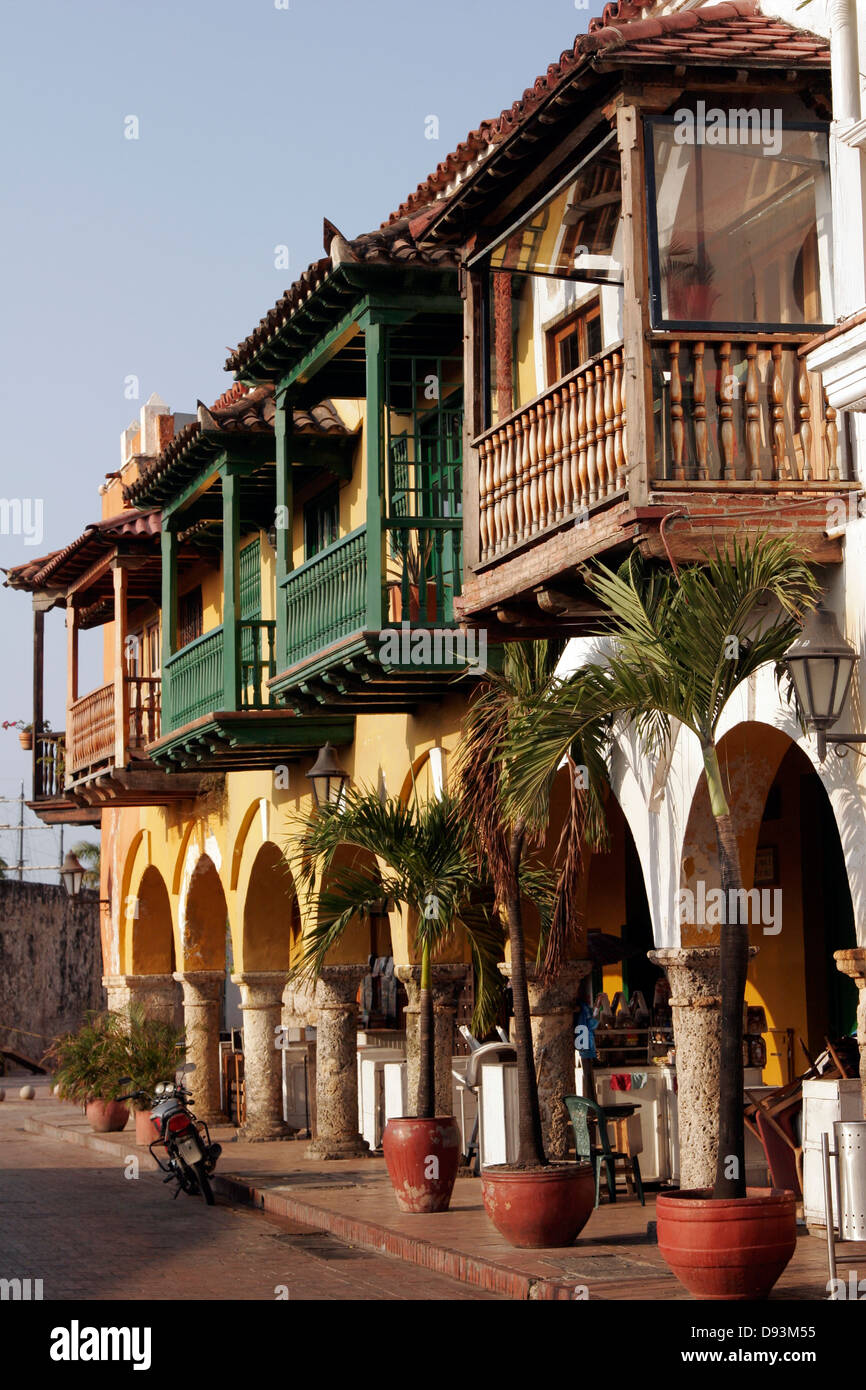 Carved wooden balconies of colonial buildings on the Plaza de los Coches,  Cartagena de Indias, Colombia Stock Photo