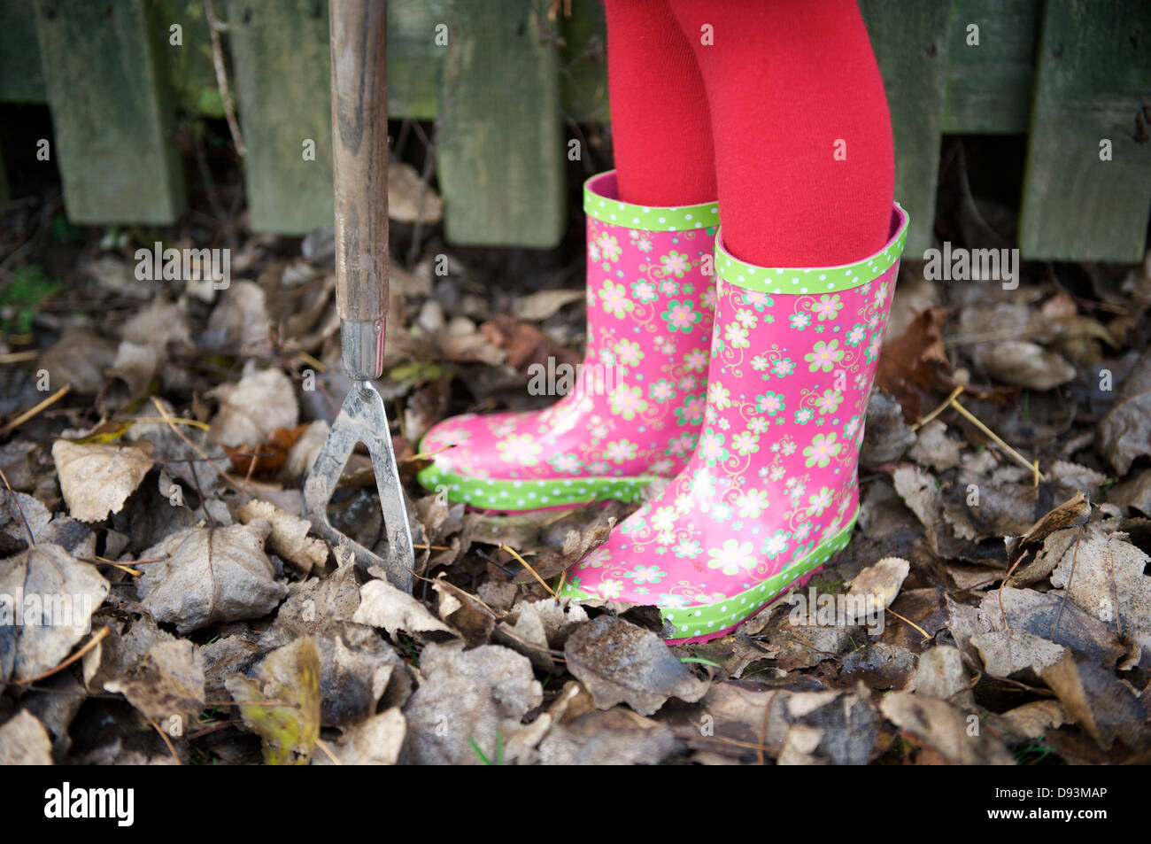Young child in a pair of pink wellies gardening in a school garden Stock Photo